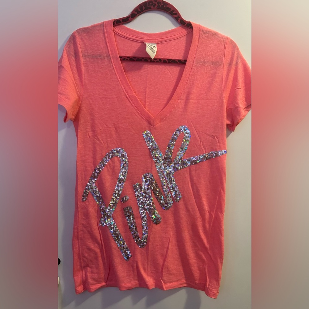 Y2K sparkle bling script sequins coral tee